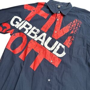 Le Jean De Marithe Mens XXXL Navy Blue Red Graphic Button Down Shirt Short